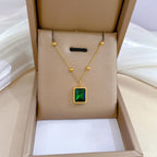 Yimari Birthstone Necklace Green CZ Pendant in Titanium Steel