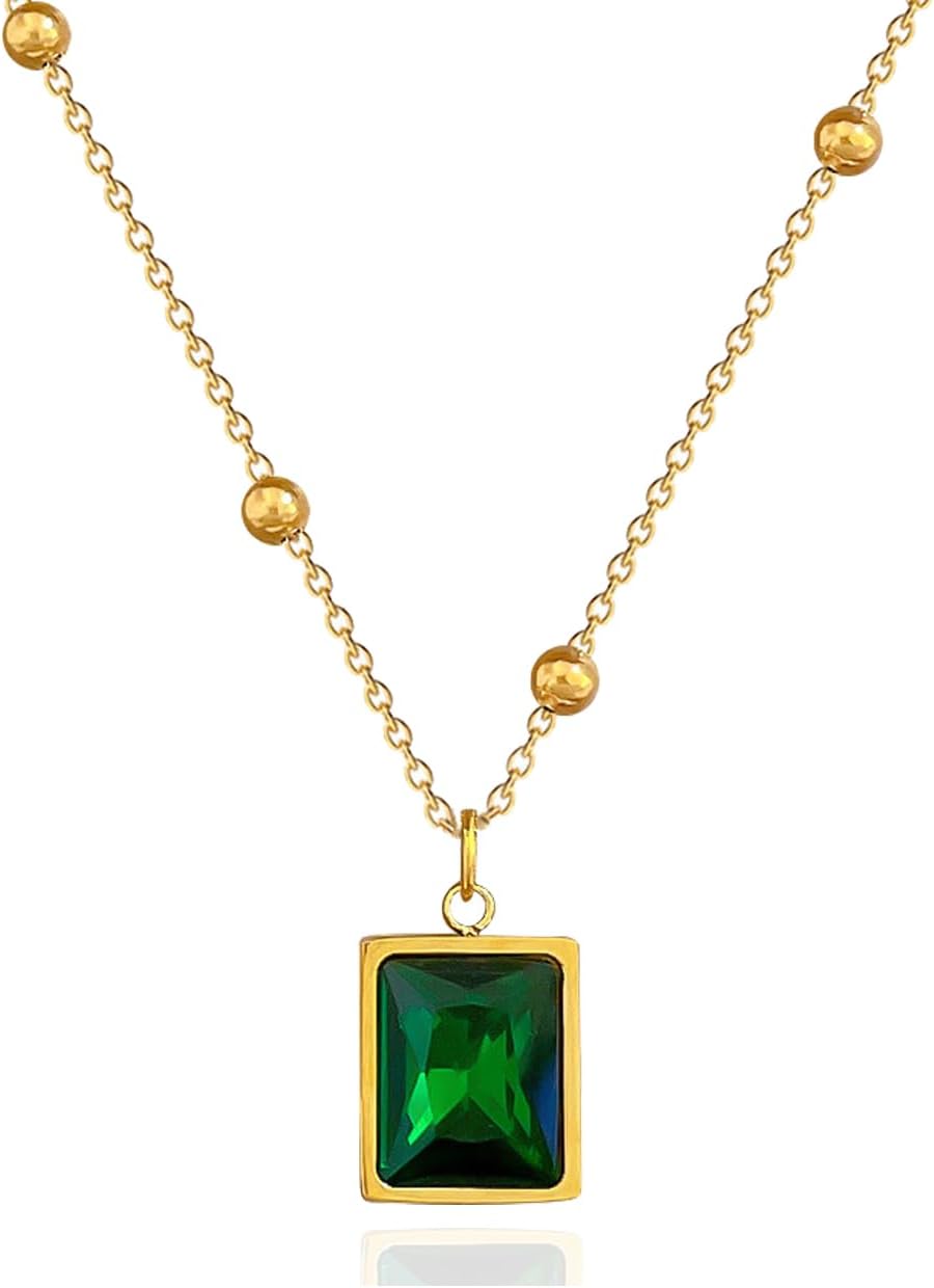Yimari Birthstone Necklace Green CZ Pendant in Titanium Steel