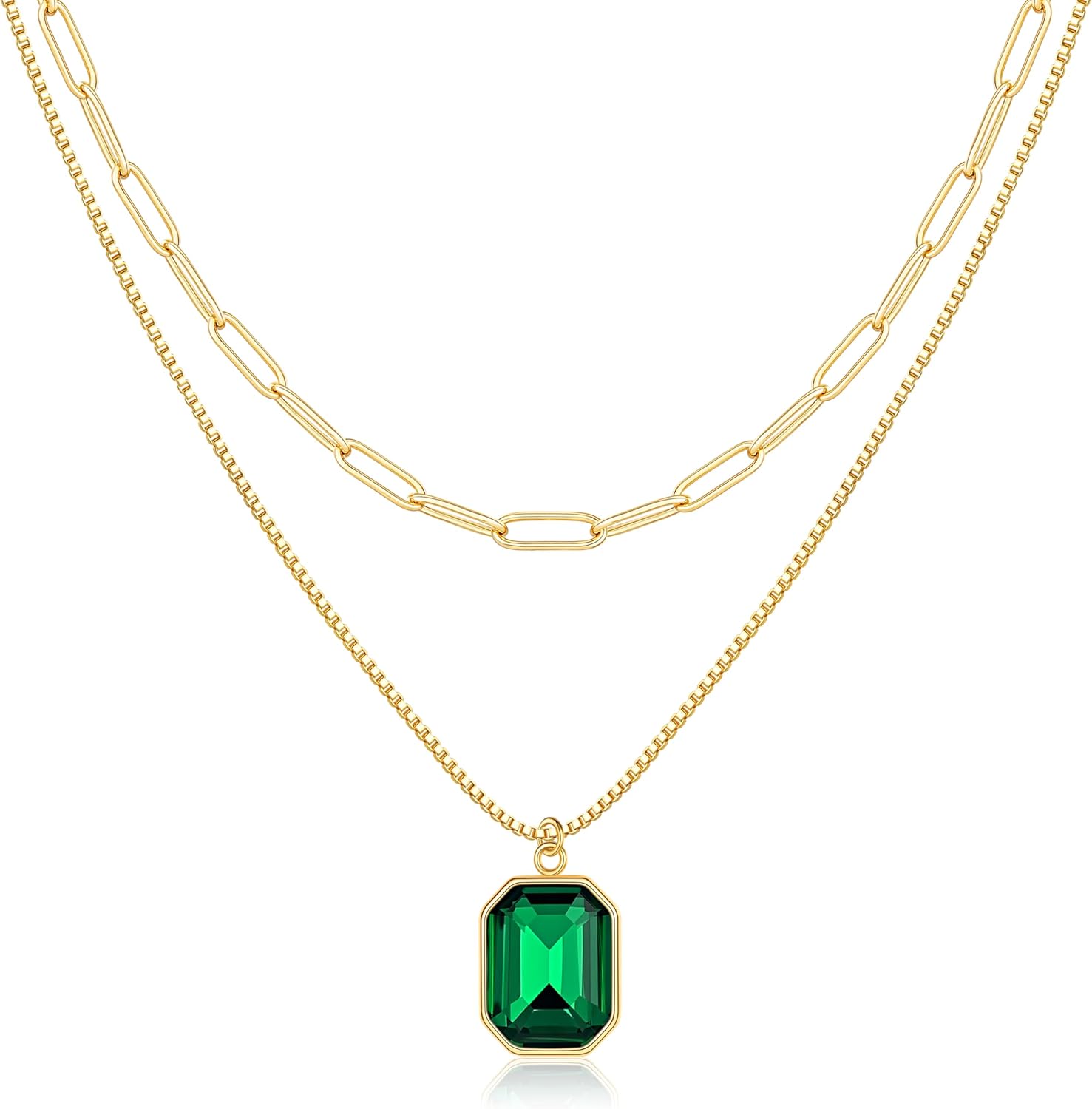 Yimari Birthstone Necklace Gold Layered Paperclip Chain Pendant