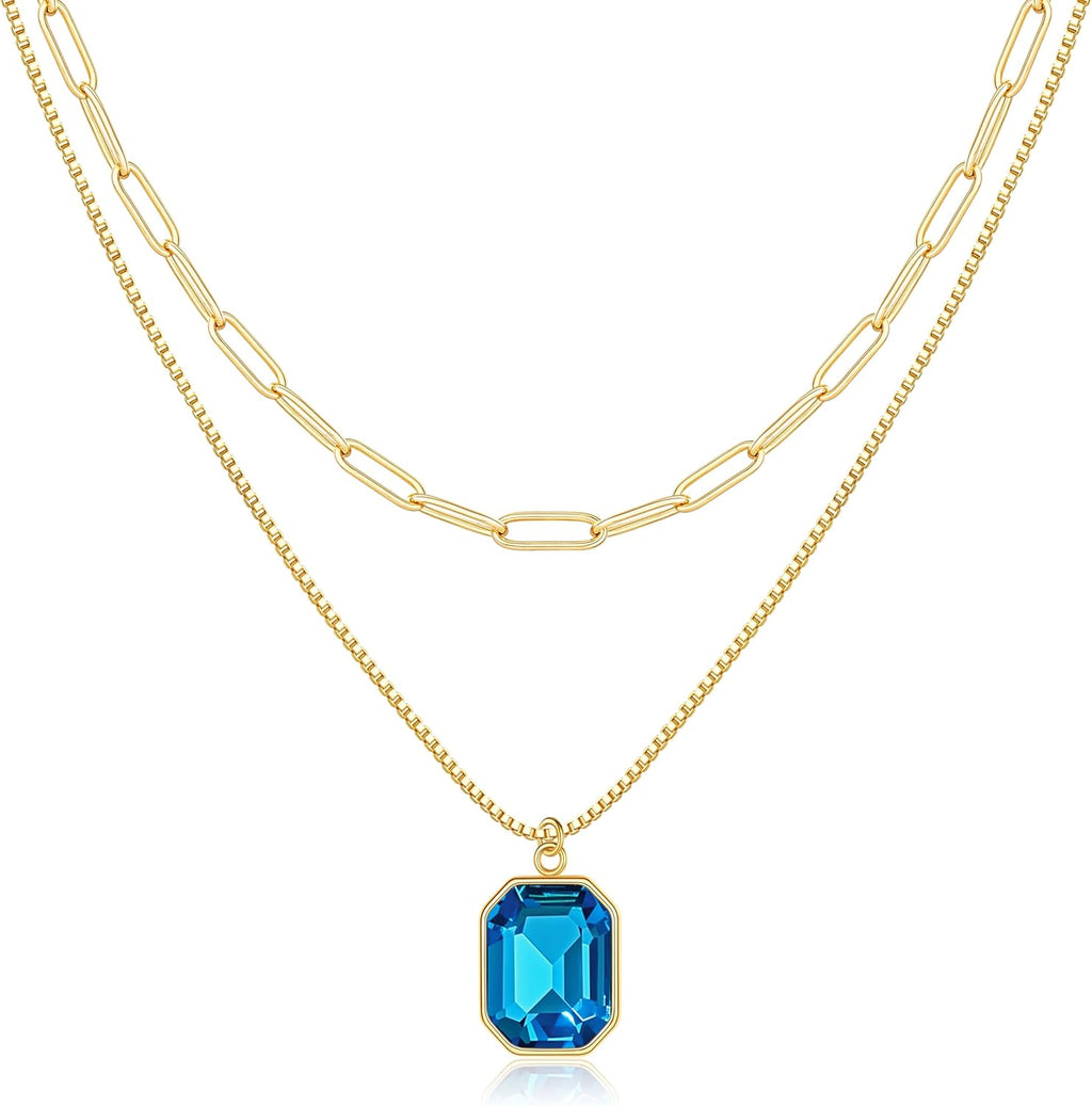 Yimari Birthstone Necklace Gold Layered Paperclip Chain Pendant