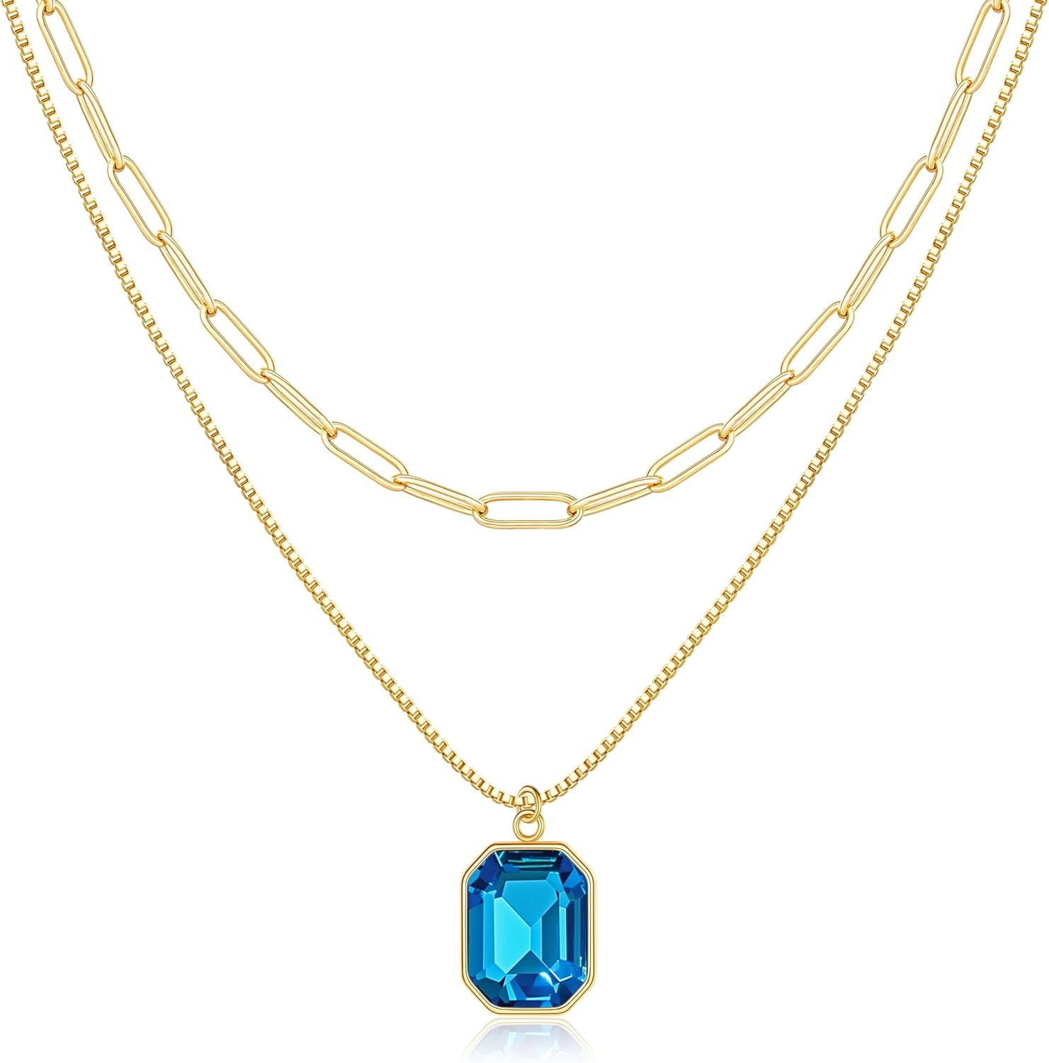 Yimari Birthstone Necklace Gold Layered Paperclip Chain Pendant
