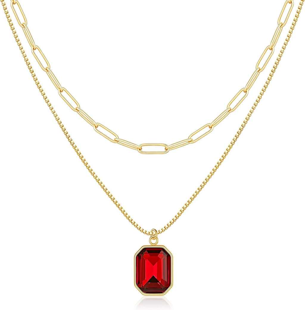 Yimari Birthstone Necklace Gold Layered Paperclip Chain Pendant