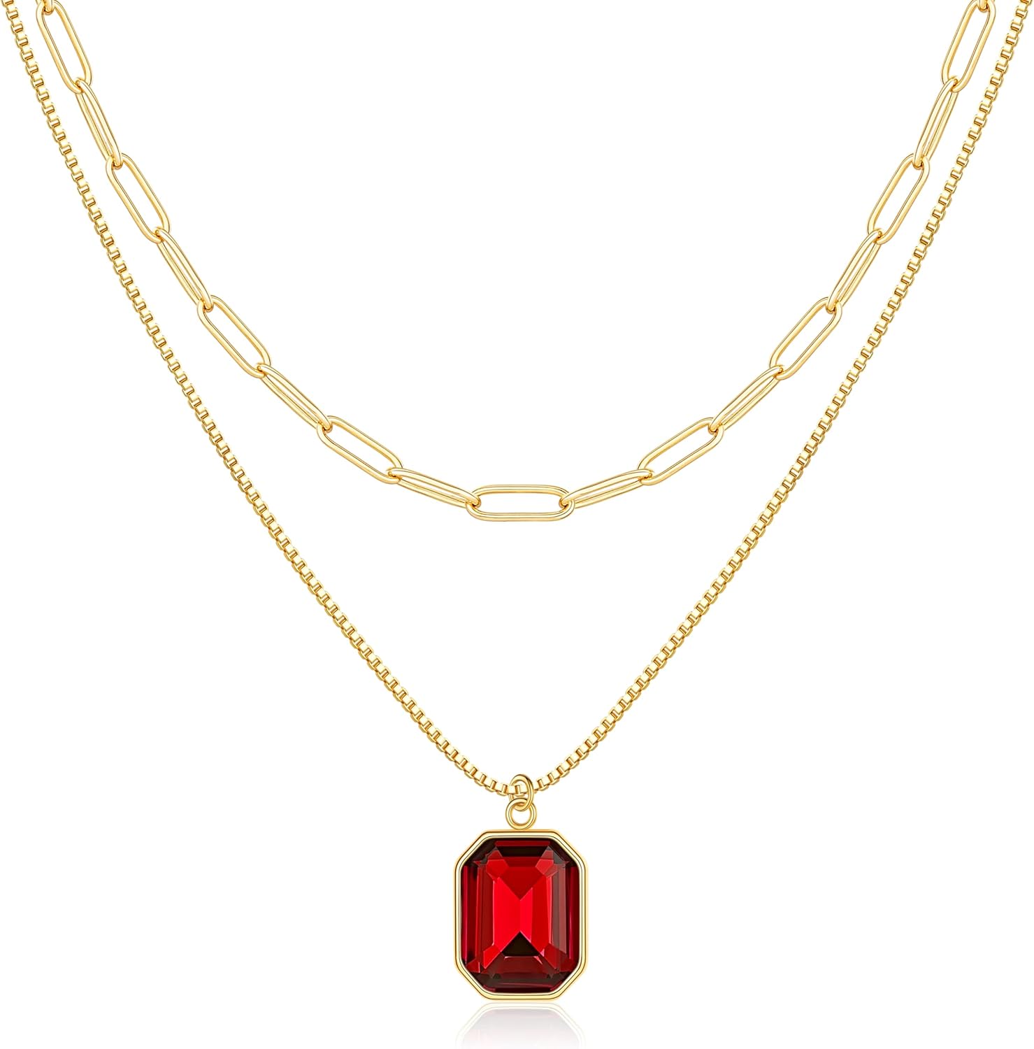 Yimari Birthstone Necklace Gold Layered Paperclip Chain Pendant