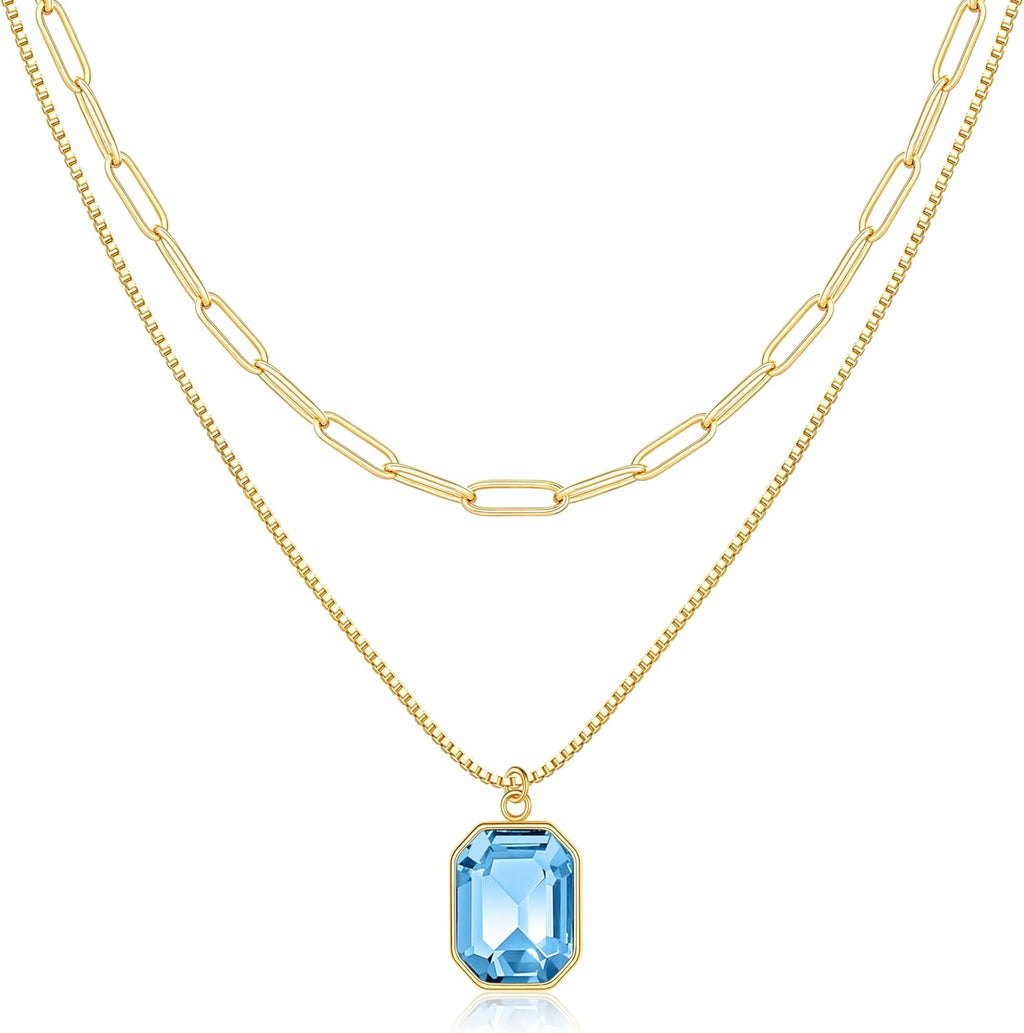 Yimari Birthstone Necklace Gold Layered Paperclip Chain Pendant