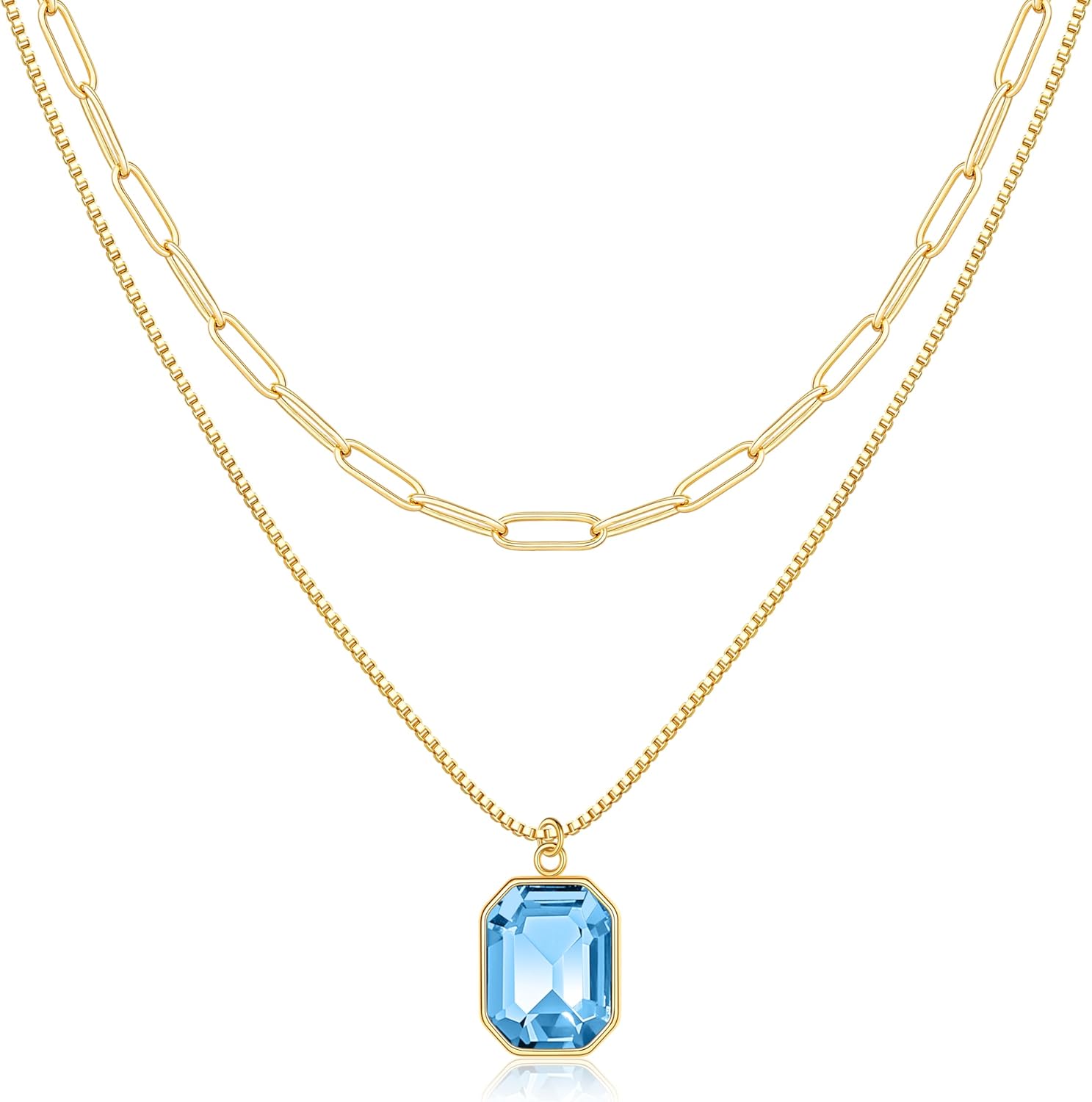 Yimari Birthstone Necklace Gold Layered Paperclip Chain Pendant