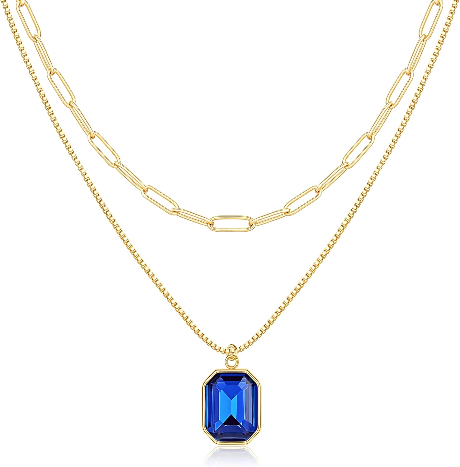 Yimari Birthstone Necklace Gold Layered Paperclip Chain Pendant