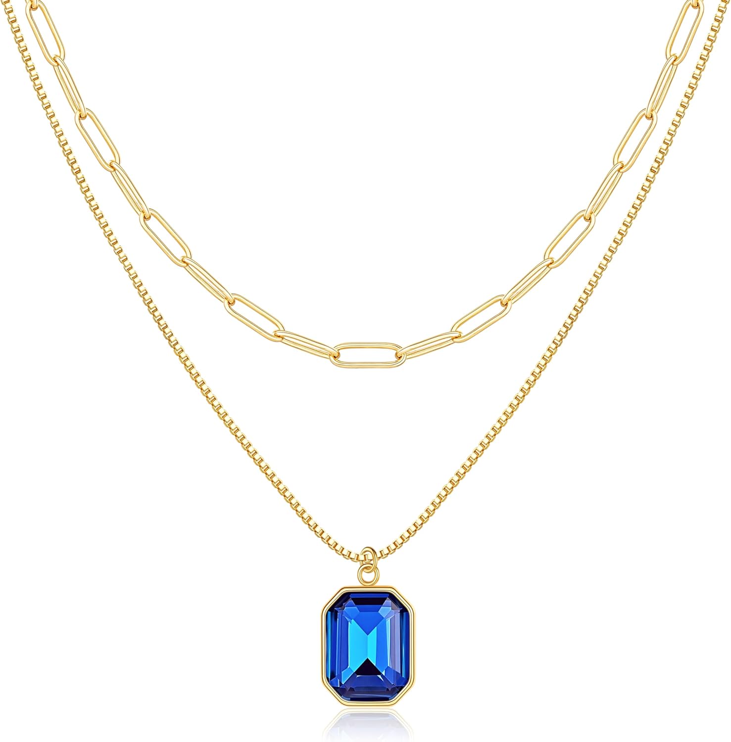 Yimari Birthstone Necklace Gold Layered Paperclip Chain Pendant