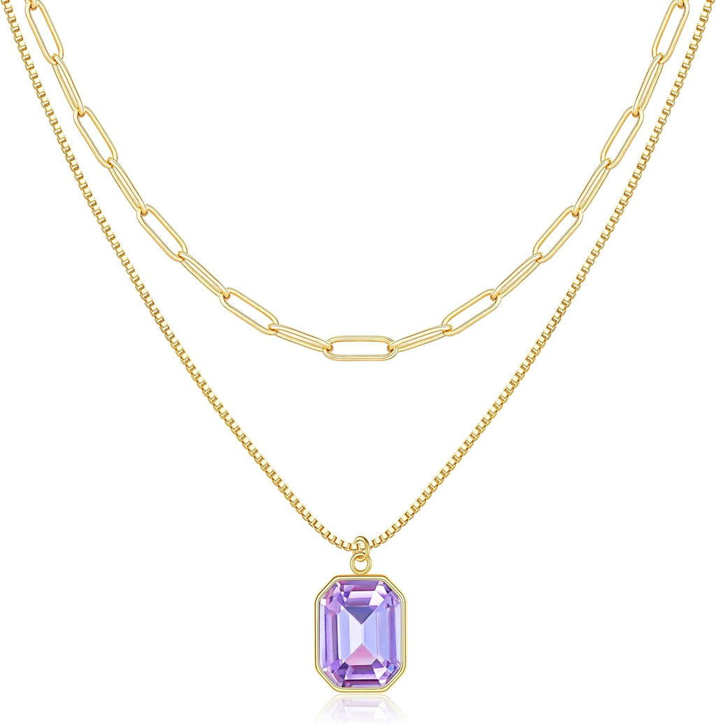 Yimari Birthstone Necklace Gold Layered Paperclip Chain Pendant