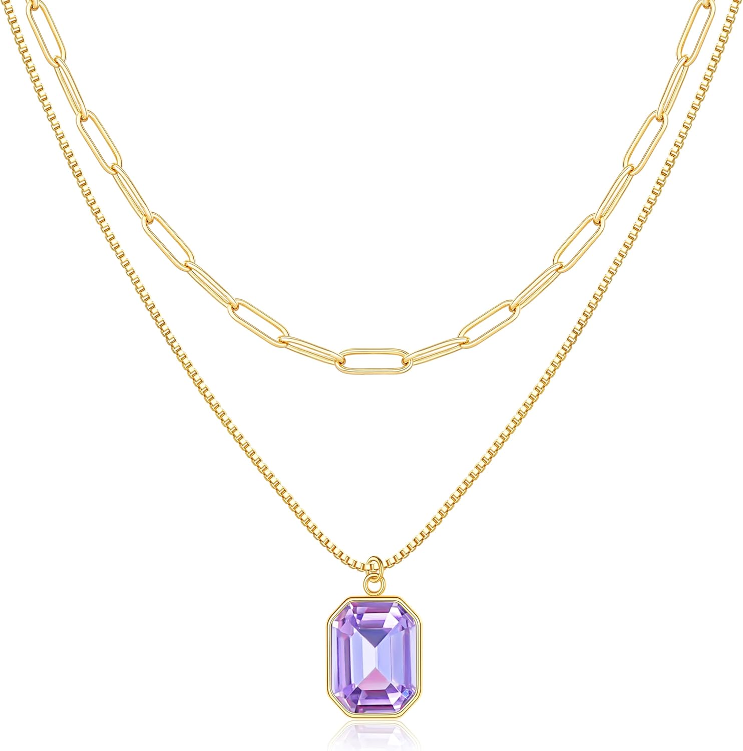 Yimari Birthstone Necklace Gold Layered Paperclip Chain Pendant