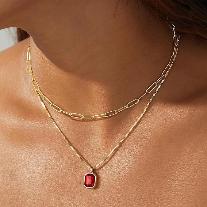 Yimari Birthstone Necklace Gold Layered Paperclip Chain Pendant