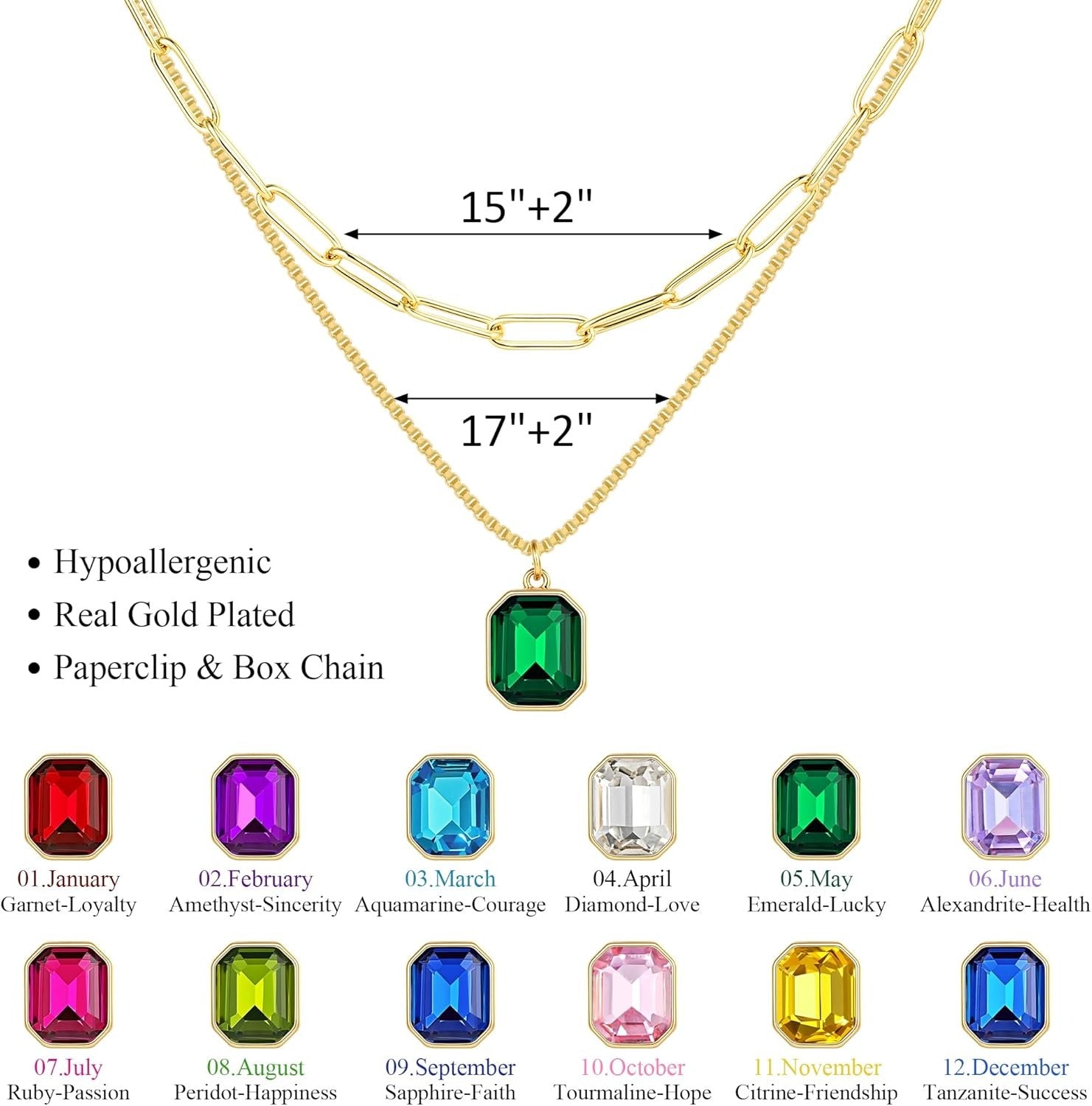 Yimari Birthstone Necklace Gold Layered Paperclip Chain Pendant