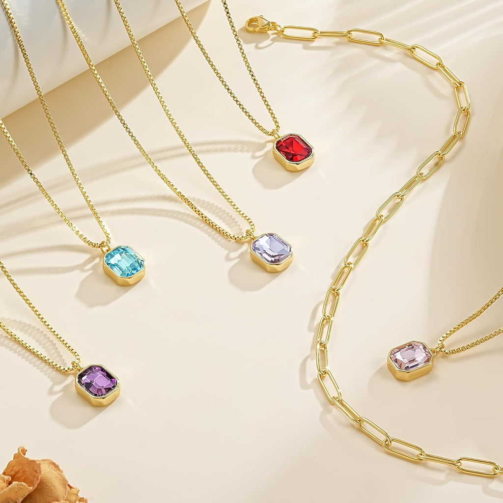 Yimari Birthstone Necklace Gold Layered Paperclip Chain Pendant