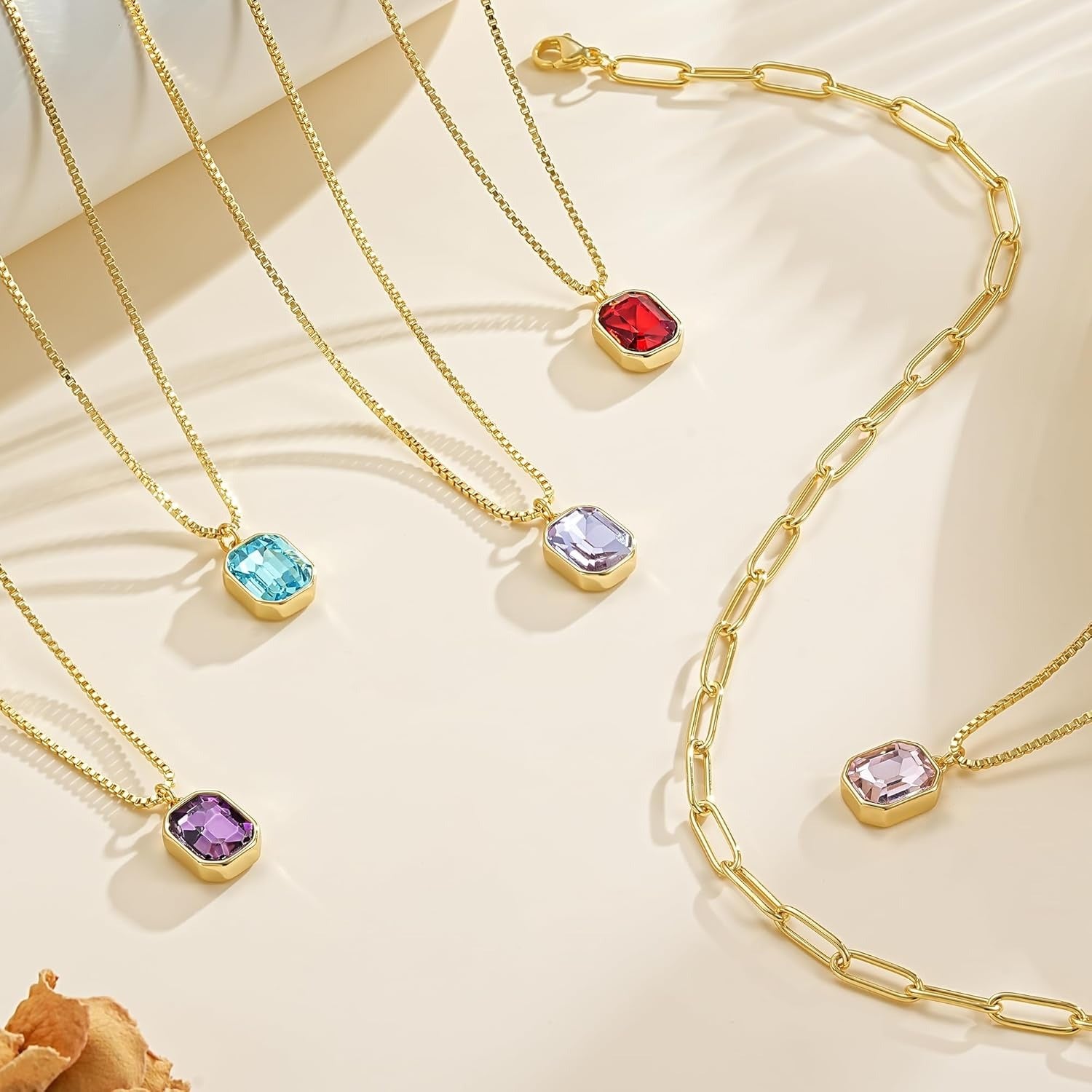 Yimari Birthstone Necklace Gold Layered Paperclip Chain Pendant